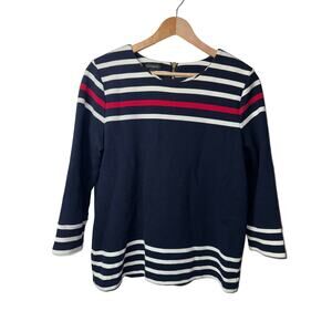 Talbots Women’s Top Large Navy Red White Striped Nautical 3/4 Sleeve Back Zip